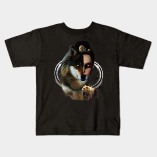 Awesome wolf with fairy and bear Kids T-Shirt